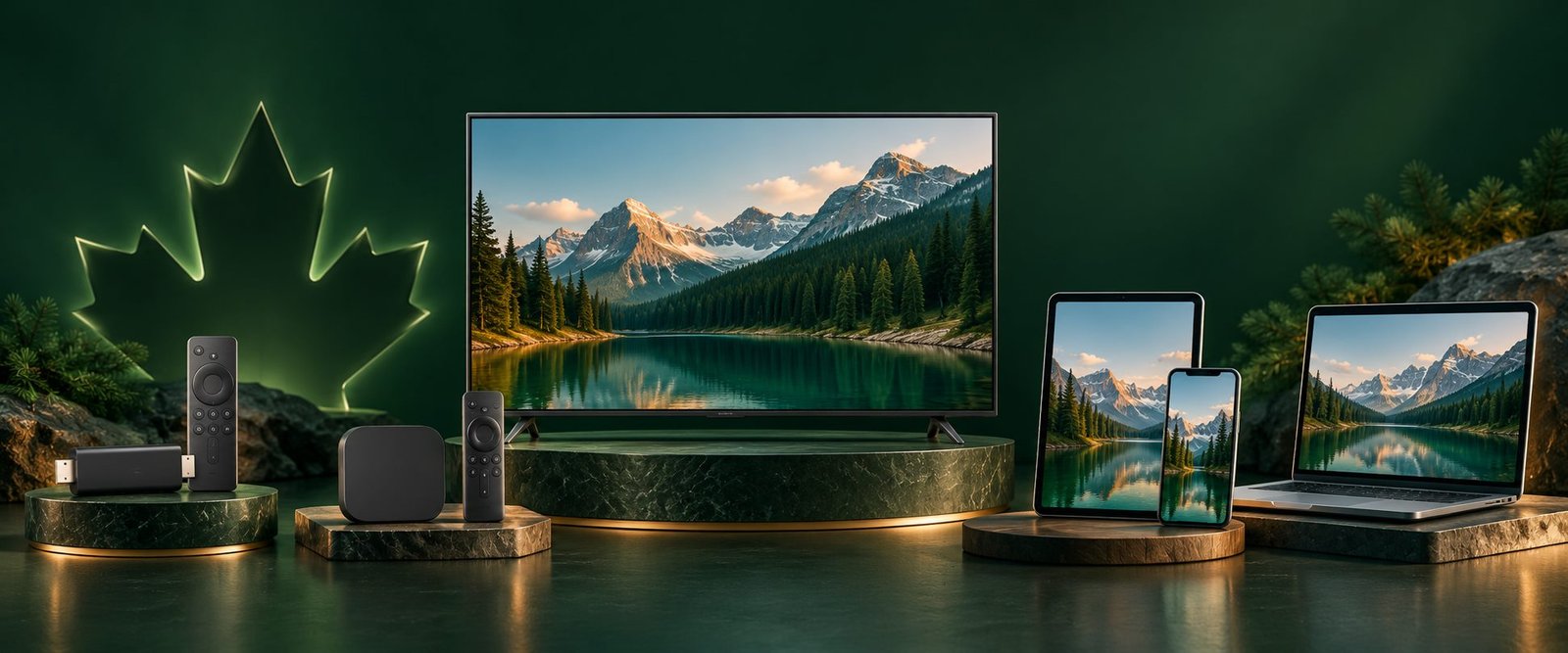 Original illustration of a television, streaming devices, mobile devices and a laptop.