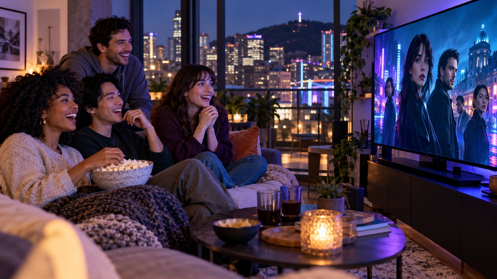 Friends watch a series together in a Montreal living room.